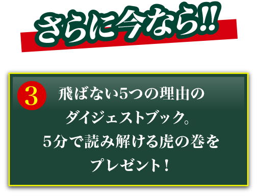 さらに今なら！！③飛ばない5つの理由のダイジェストブック。5分で読み解ける虎の巻をプレゼント！